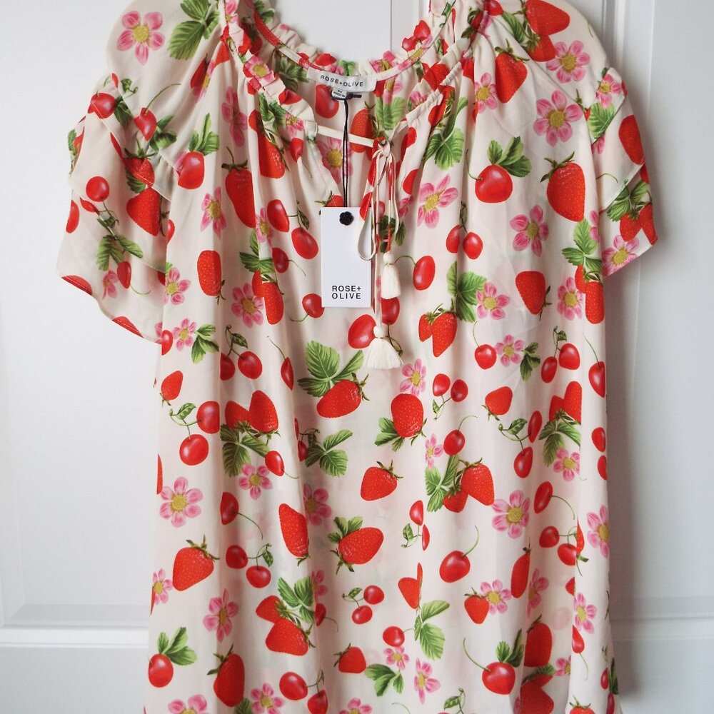 Rose + Olive Top Womens 3x Strawberry Cherries Floral Peasant Cottage Core NWT